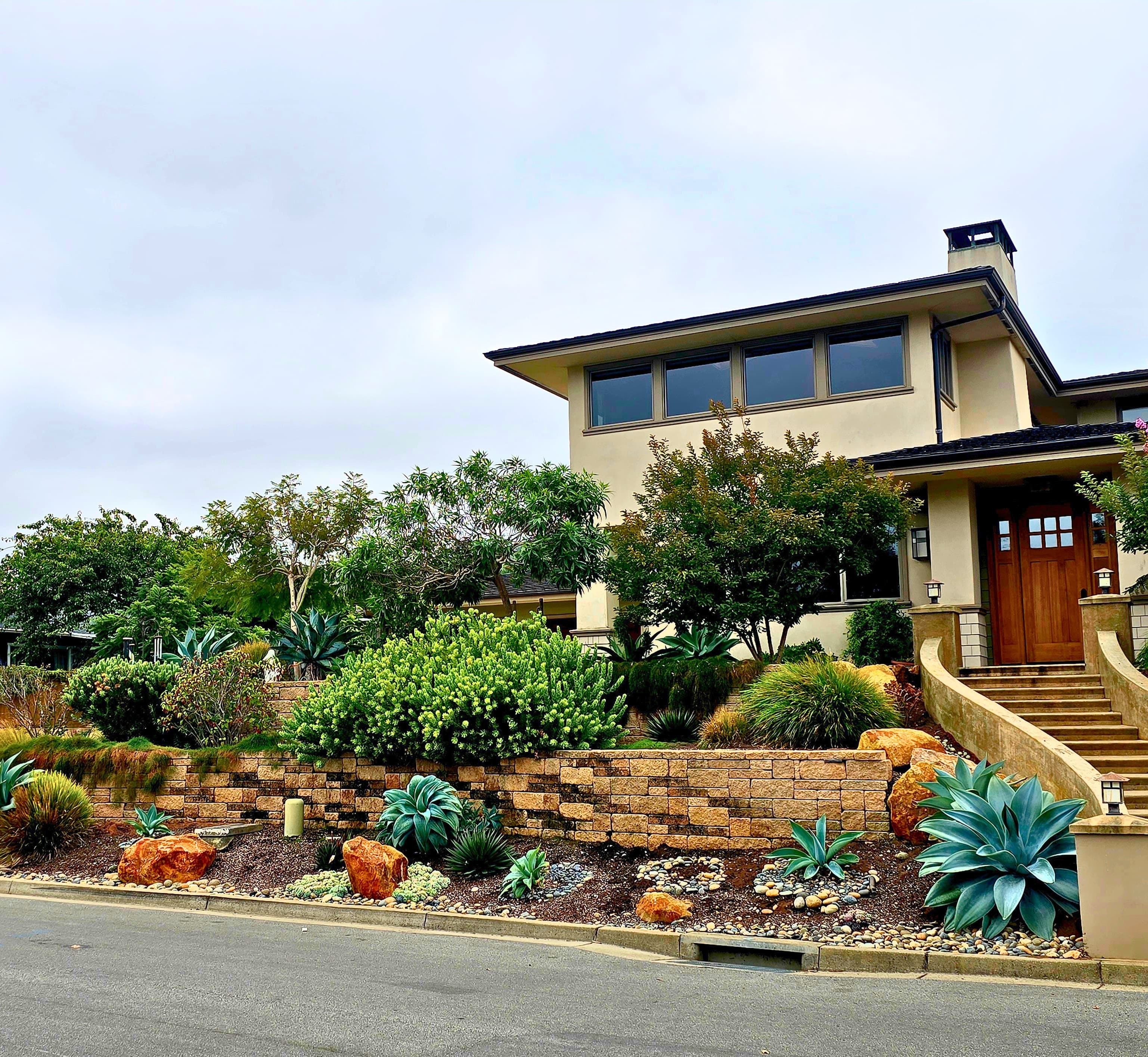 Front entry with stone retaining walls, curved steps, and drought-tolerant planting